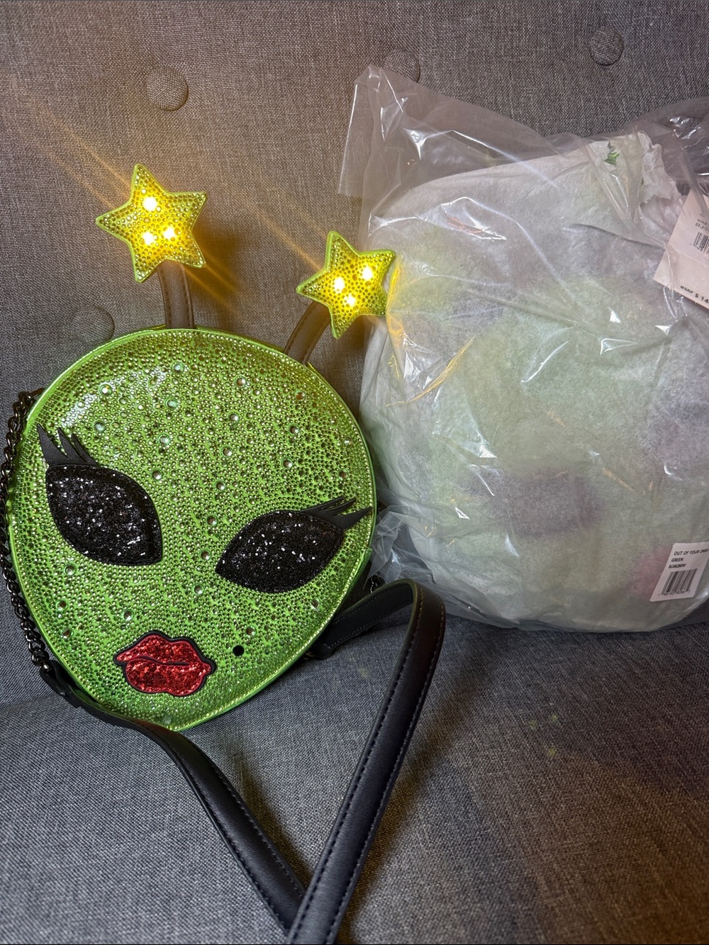 Betsey Johnson Out of Your Orbit Alien Bag Green Rhinestone Light-Up NWT